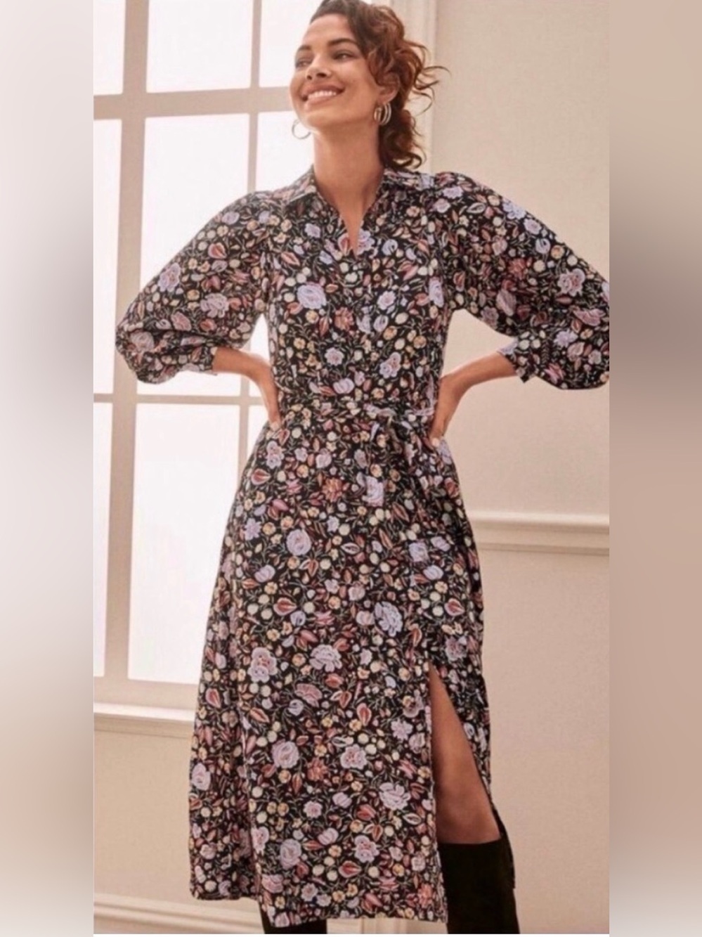 Ann Taylor Autumn Black Floral Midi Dress with Pink and Lavender Flowers Size 6